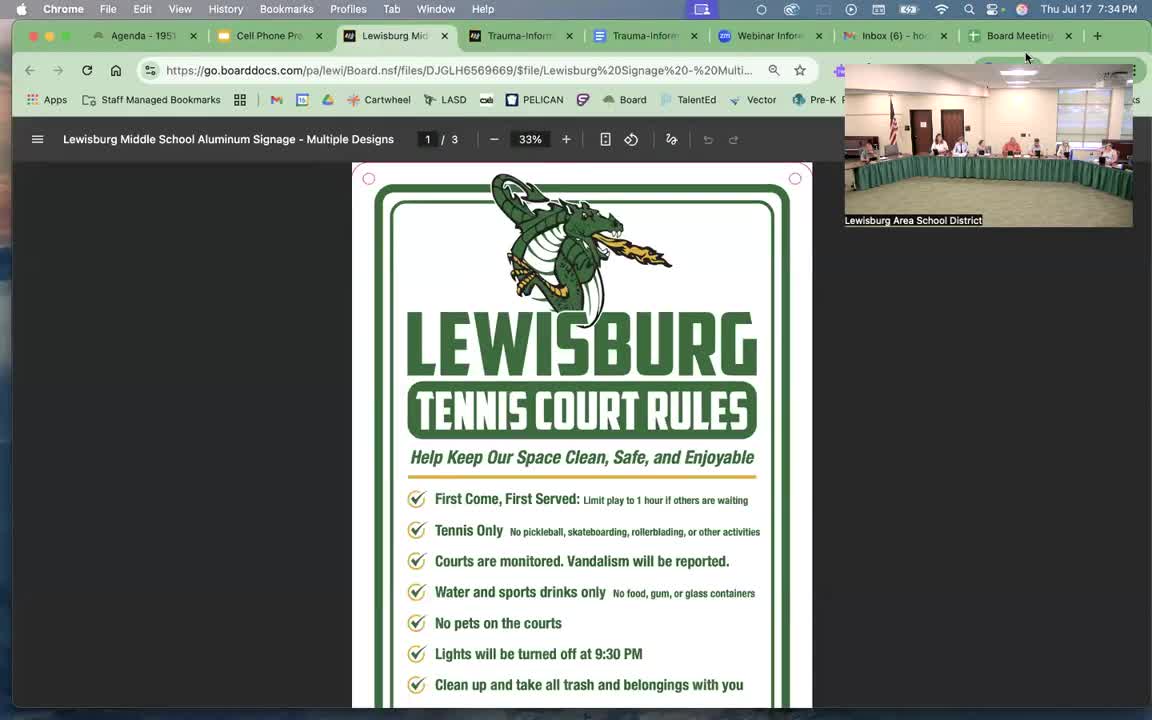 Board approves public‑use signage for new courts and turf; trustees debate service‑animal wording