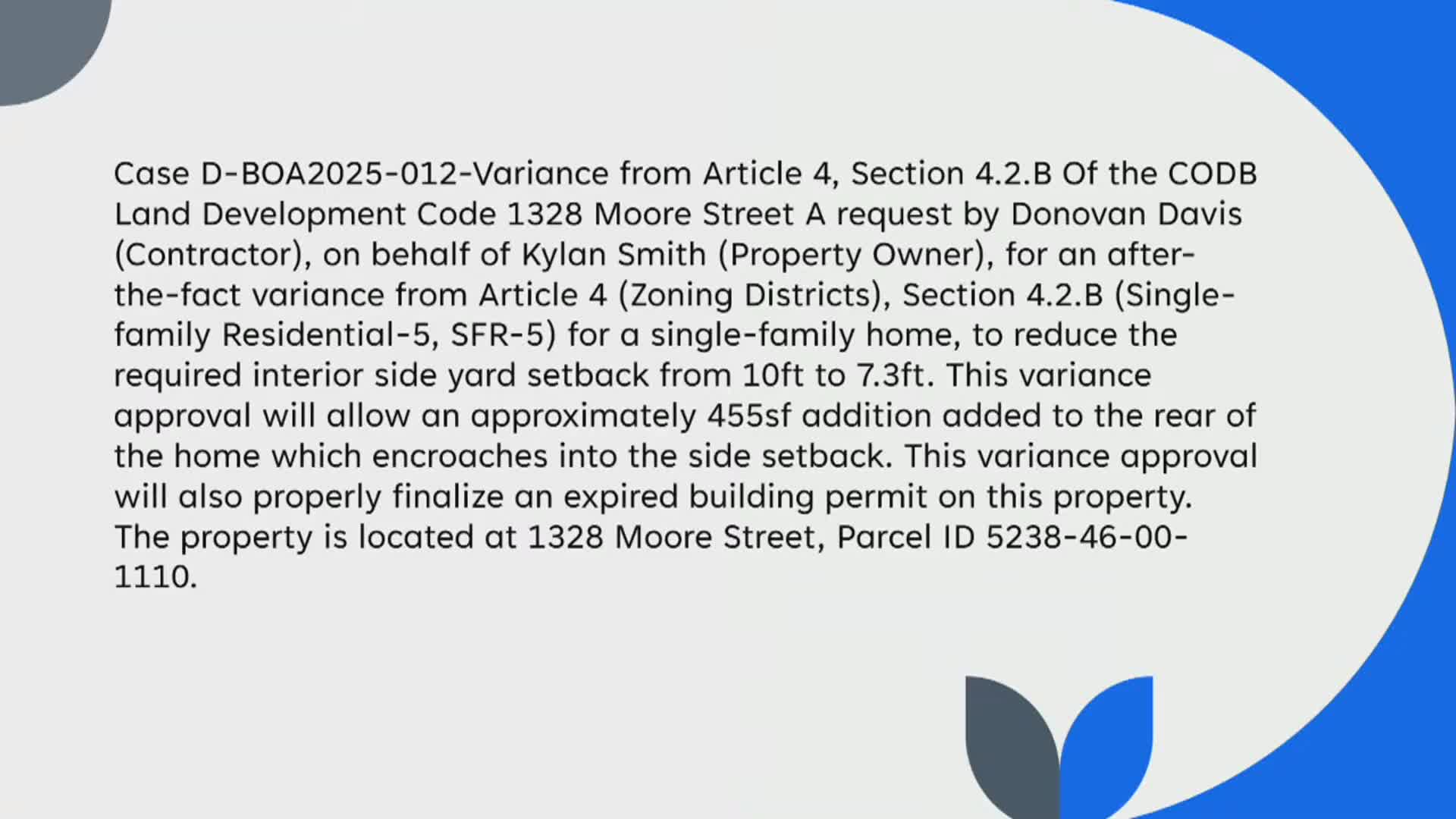 Board finalizes after‑the‑fact setback variance for addition at 1328 Moore Street
