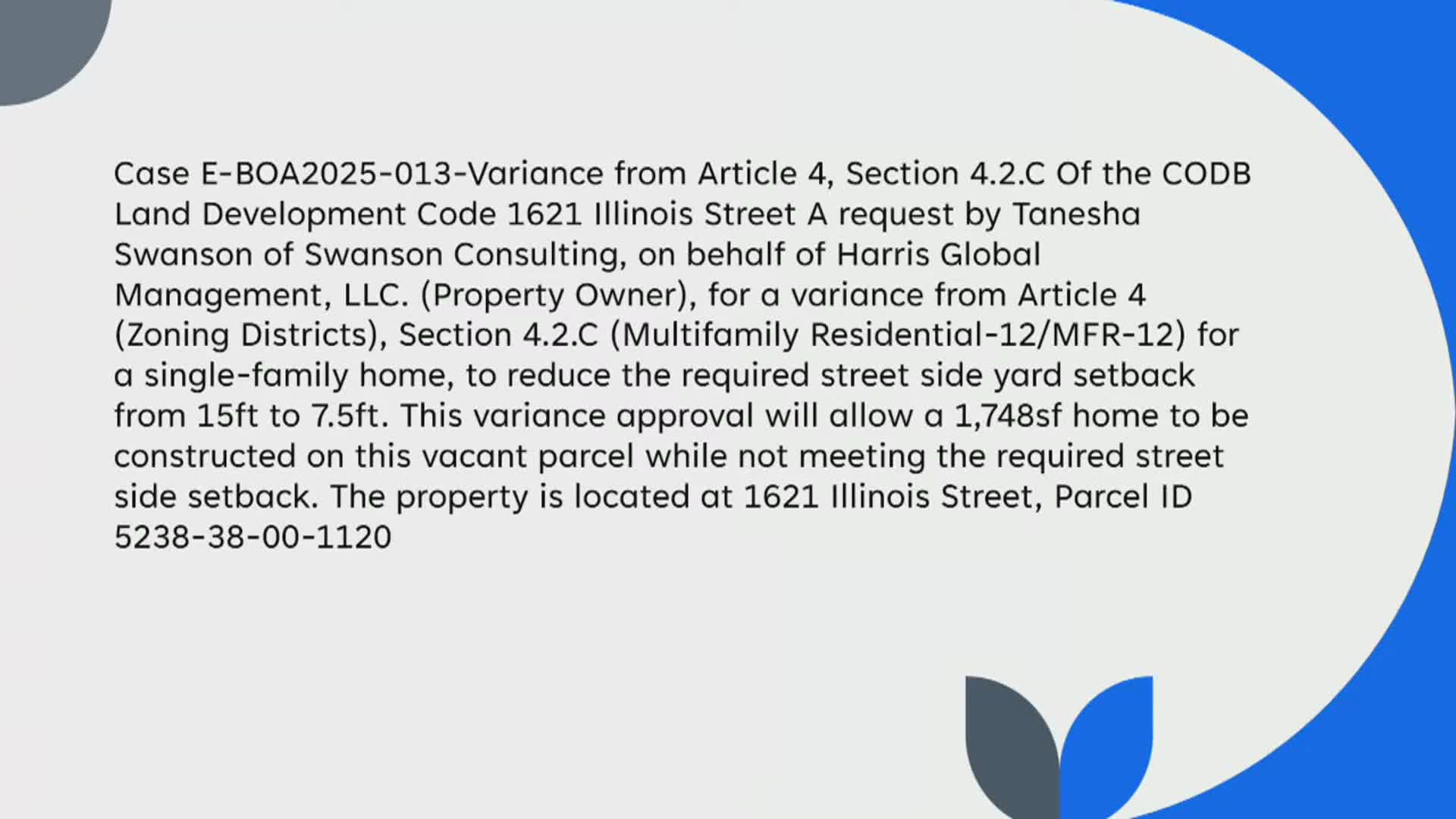 Board approves reduced street setback for new home at 1621 Illinois Street