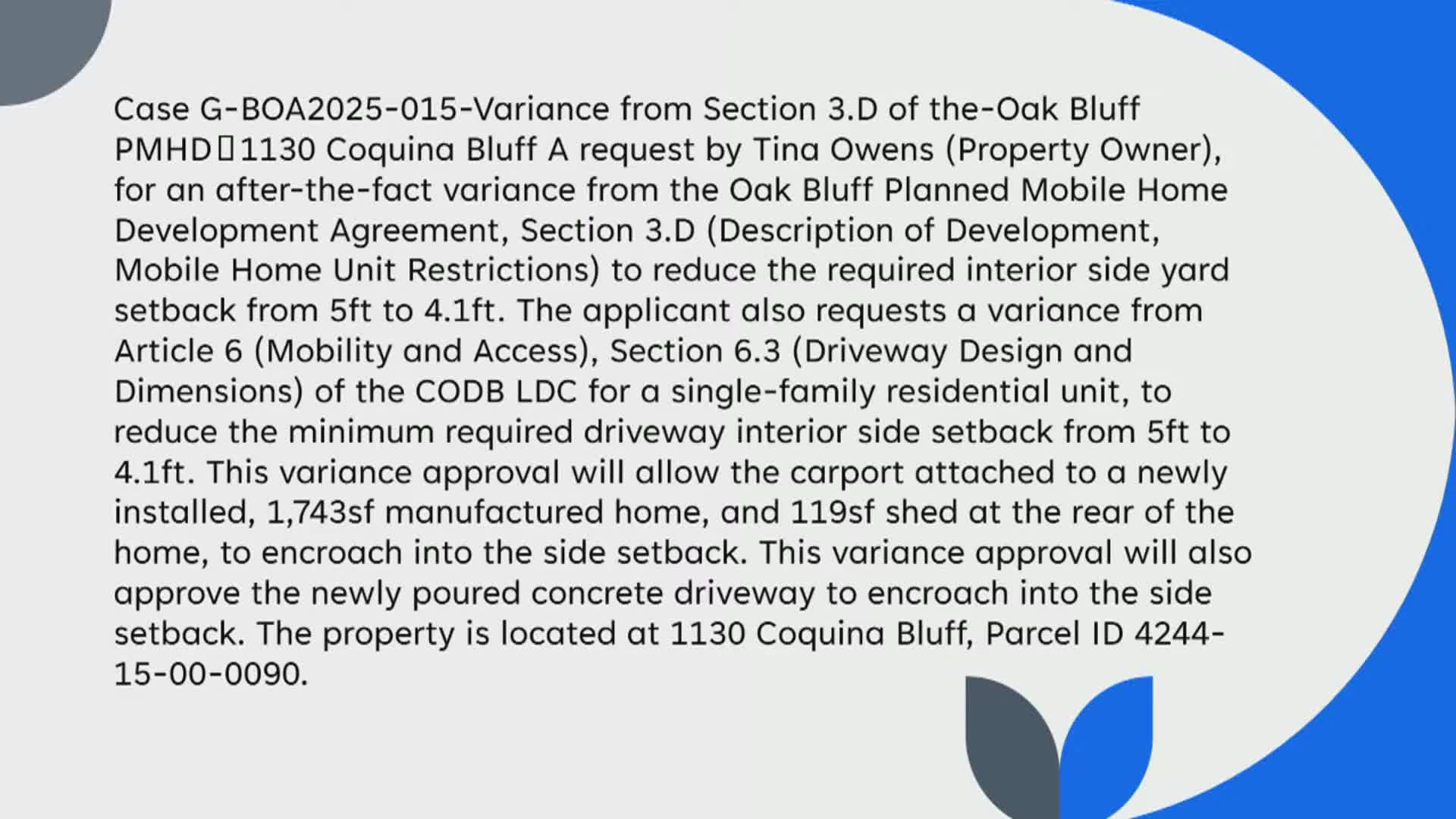 Board approves small setback variances after survey dispute for 1130 Coquina Bluff; neighbors raise survey and easement concerns