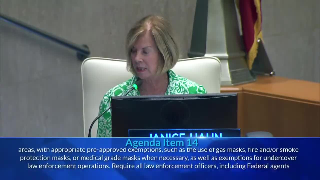 Board adopts ordinance seeking to bar masked law‑enforcement identification in unincorporated county areas; county counsel warned of likely legal challenge