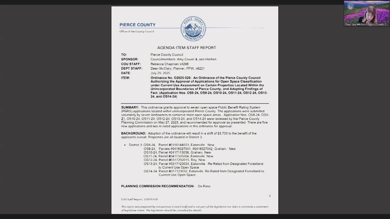 Pierce County Council adopts ordinance approving seven open-space applications on properties in District 3