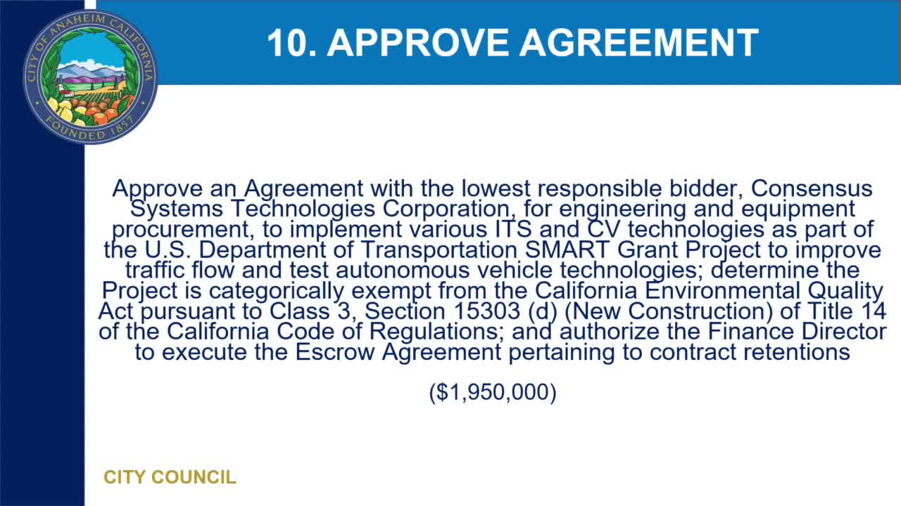 Council approves $1.95 million federal smart‑city grant contract to test connected‑vehicle tech on Harbor and Cattell corridors