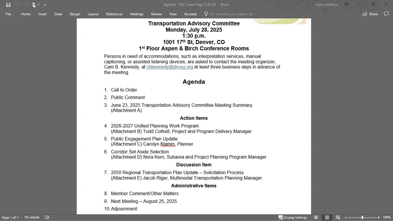 TAC notes membership updates, honors long‑time alternate Phil Greenwald