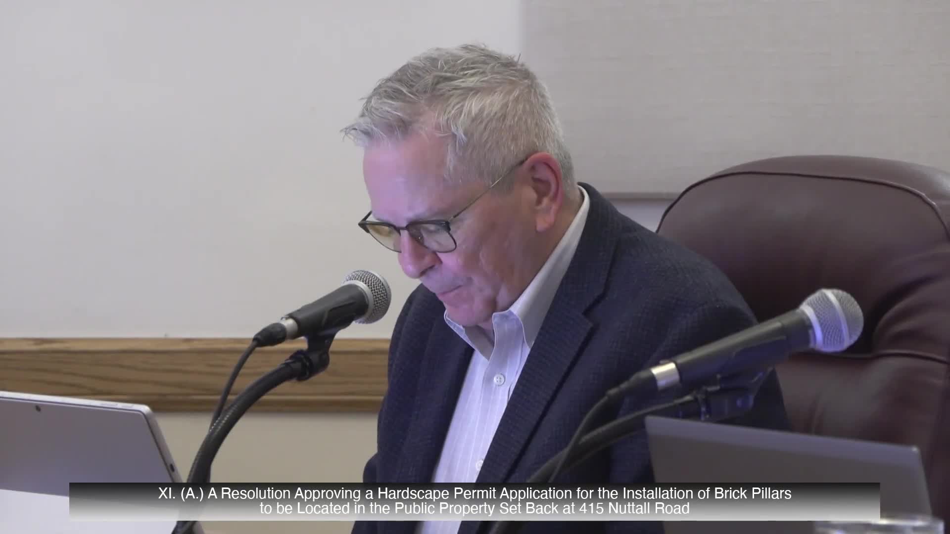 Trustees deny hardscape permit for brick pillars in public setback at 415 Nuttall Road