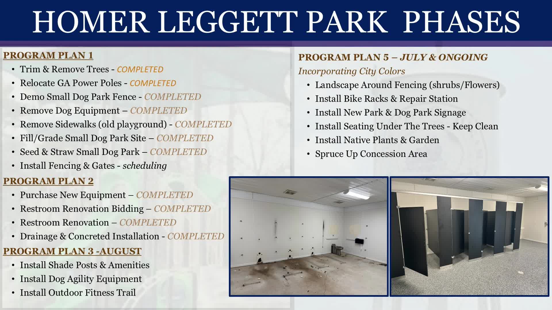 Public Works reports near‑completion of Homer Leggett Park upgrades; staff seeks Ventrac tractor and attachments