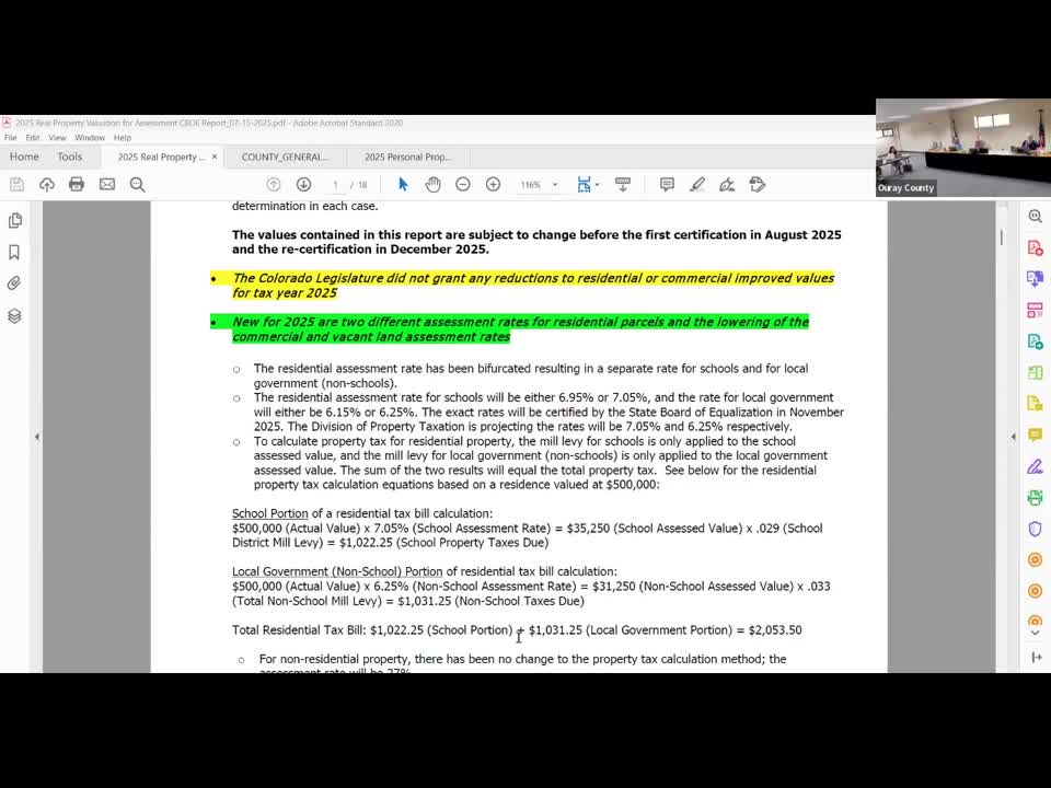 Assessor reports new 2025 assessment rates; residential and non‑residential valuations will be calculated on different assessment rates