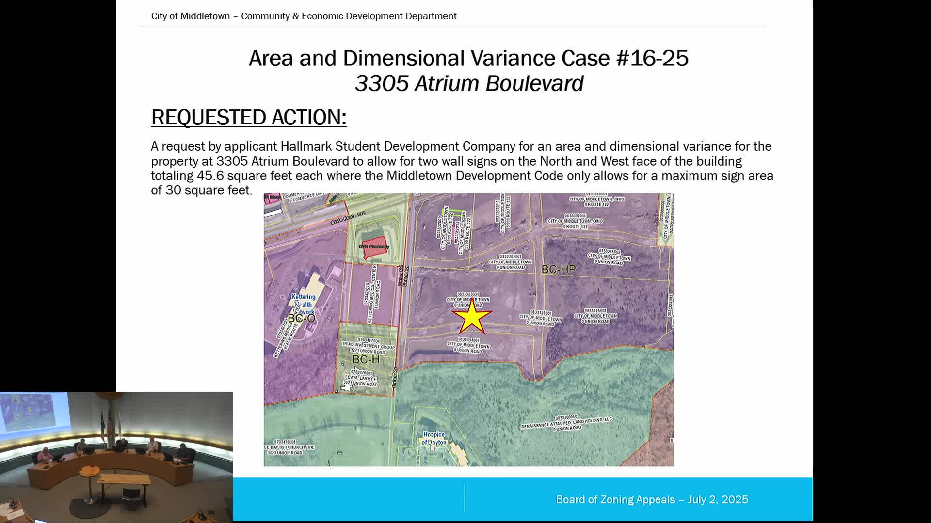 Middletown board tables Hallmark Gateway Lofts sign variance after measurement questions