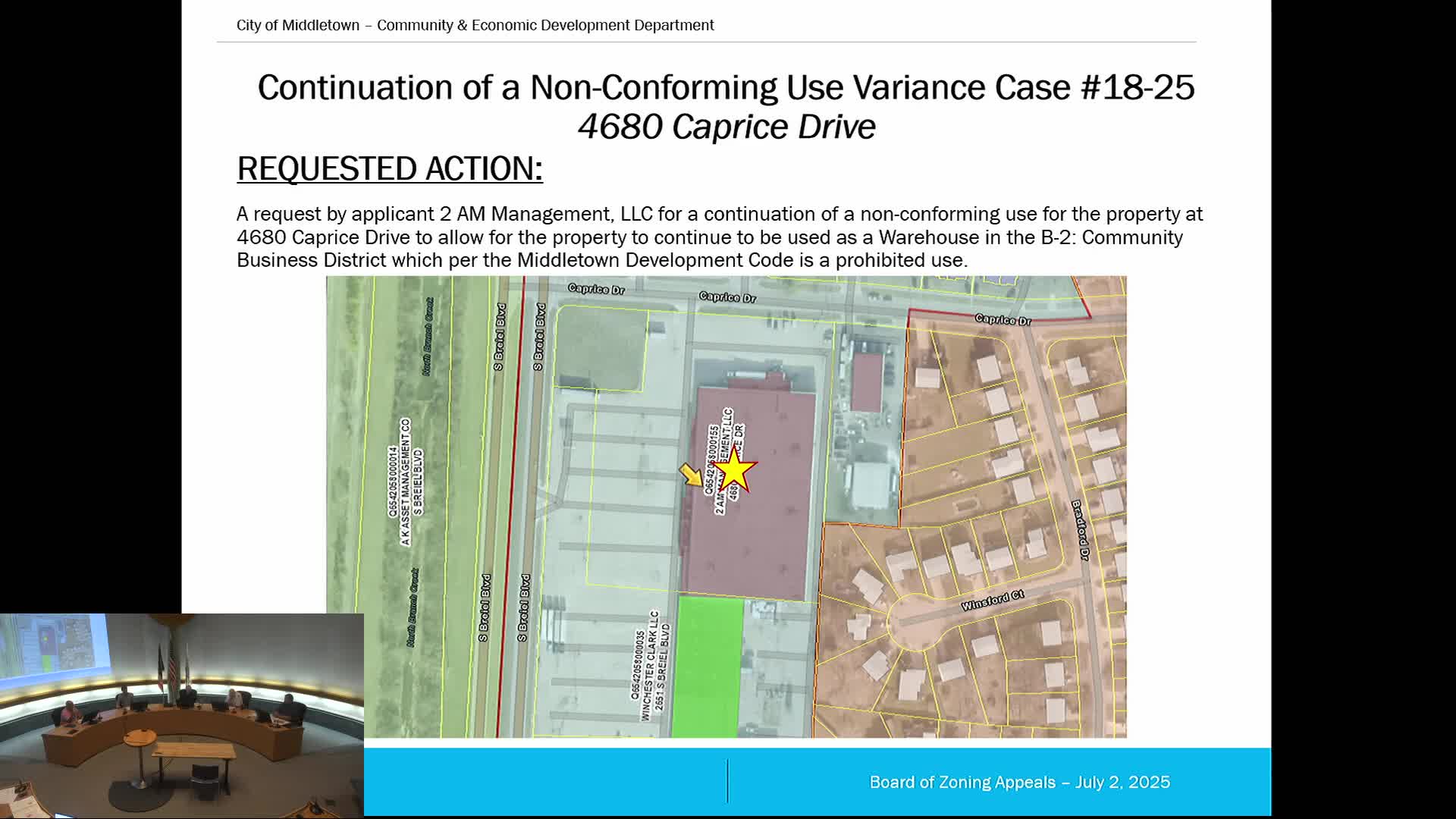 Board allows resumption of warehouse use at Caprice Drive property after owner details repairs