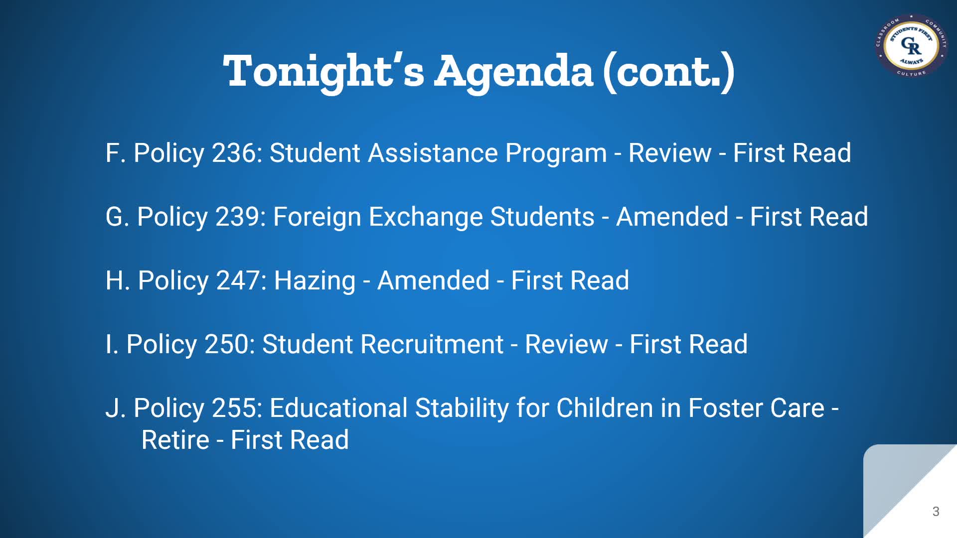 School Board Addresses Policy on Military Recruiter Access and Foster Care Education