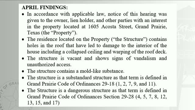 Building Advisory Appeals Board sets deadlines for Acosta Street property repairs in Grand Prairie