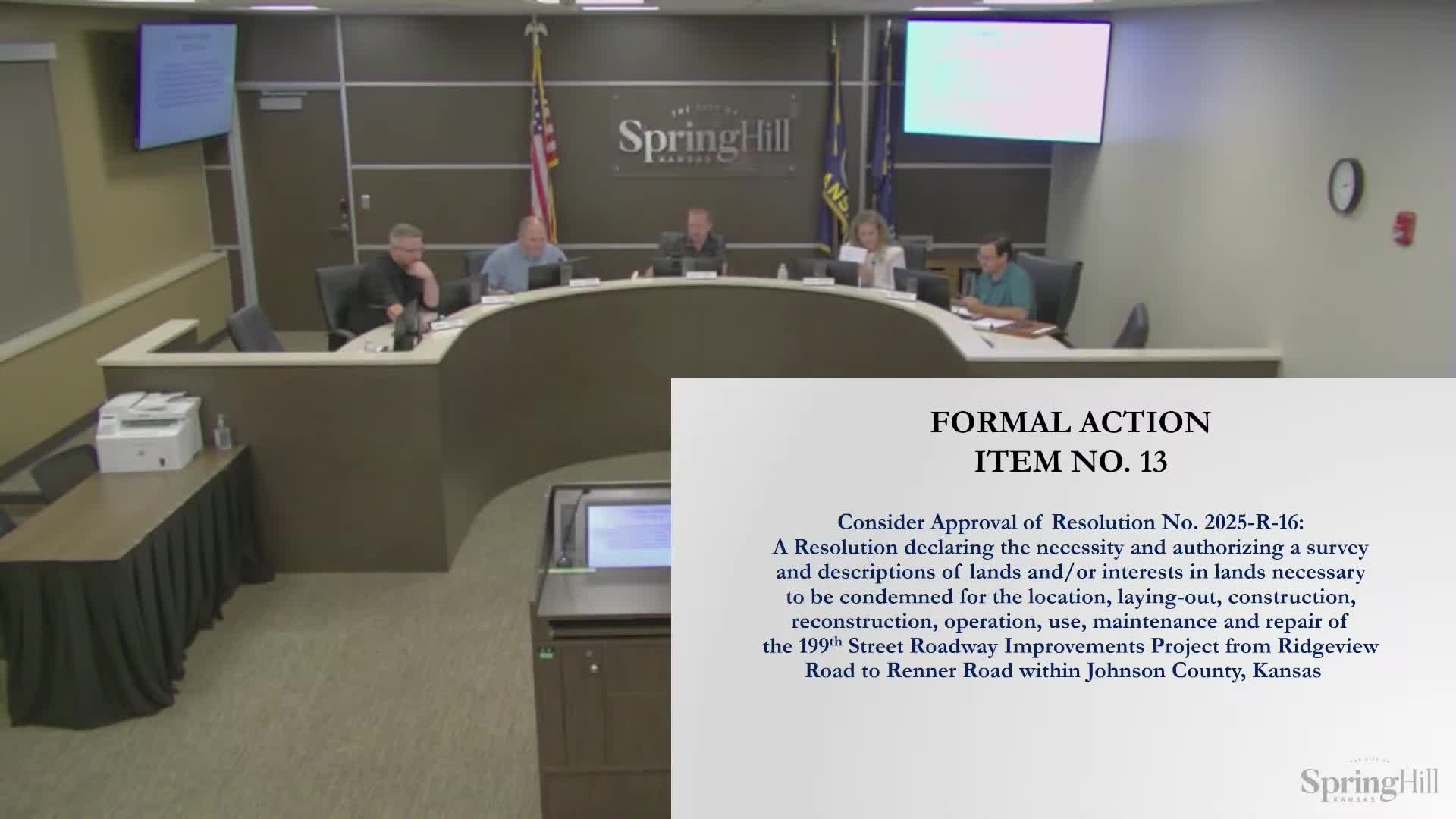 Spring Hill council authorizes eminent‑domain steps for 190th Street improvements