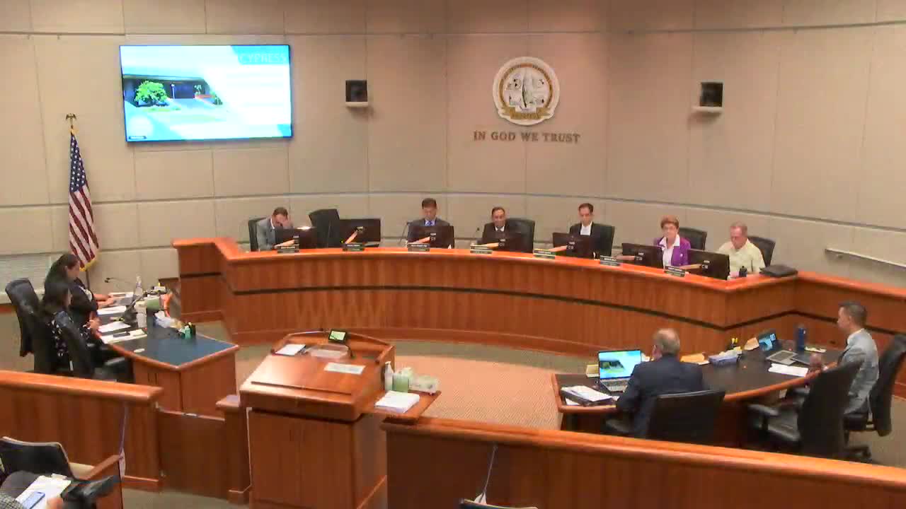 Cypress council adopts balanced FY25-26 budgets and seven‑year CIP, approves streamlining pilot over objections