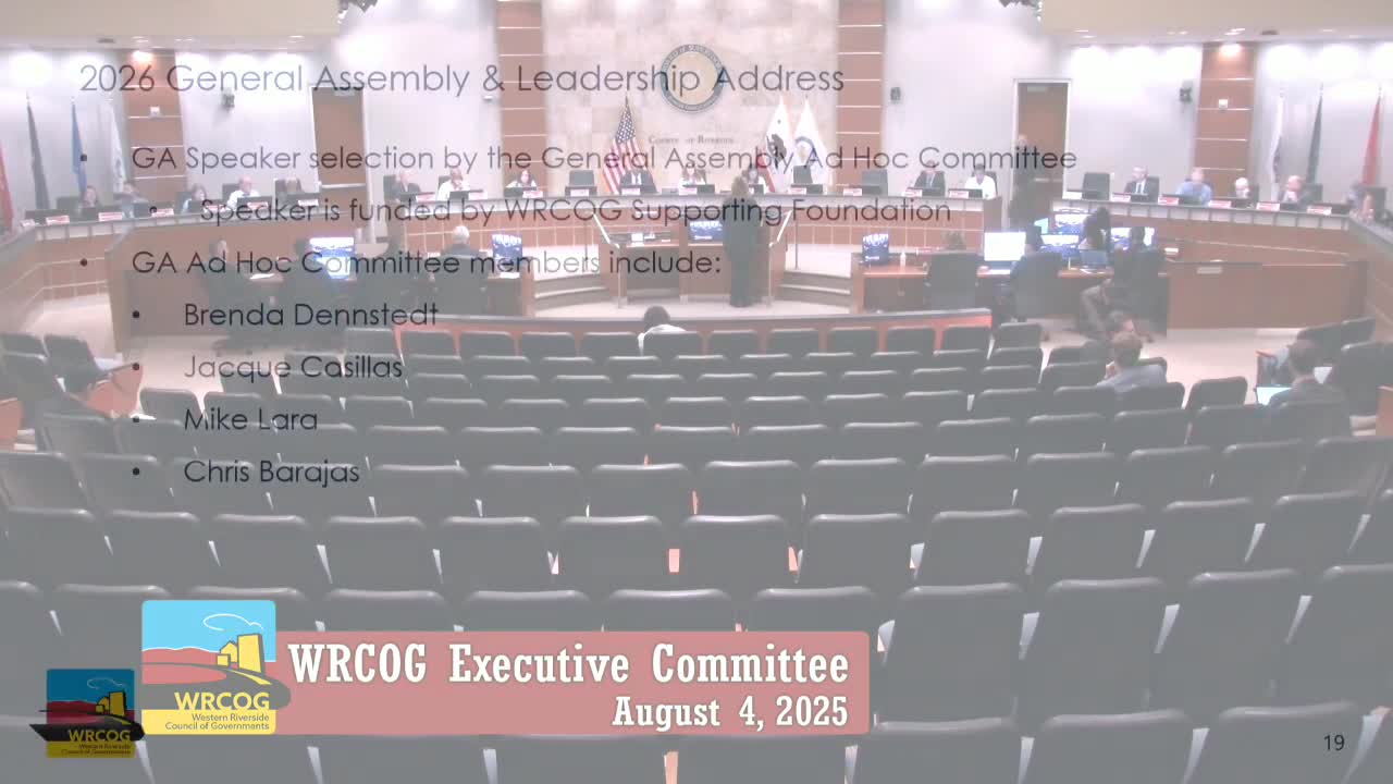 WRCOG executive committee approves order of preferred speakers for 2026 General Assembly; authorizes contract