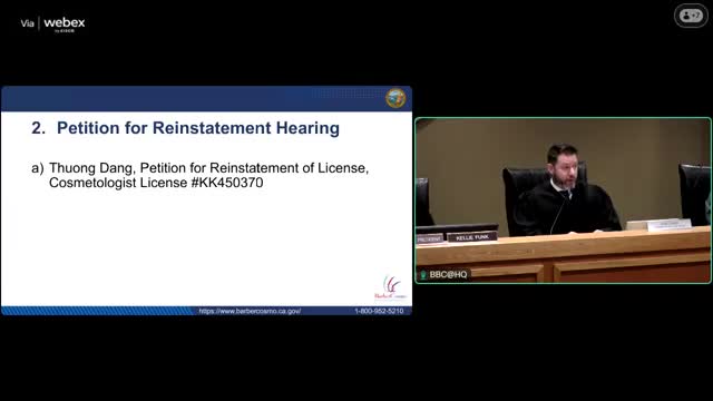 Petitioner Tuang Khong Dang testifies at State Board hearing seeking cosmetology license reinstatement