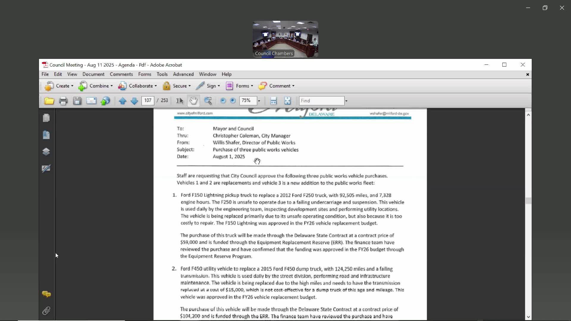 Council approves three public-works vehicle purchases from replacement reserve