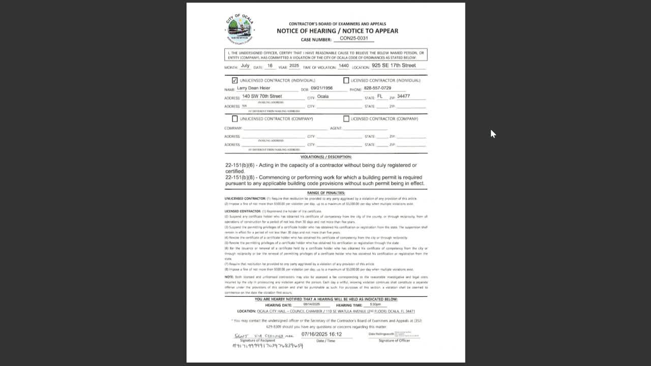 Ocala Code Enforcement Charges Larry Hyer for Unlicensed Contracting and Permit Violations