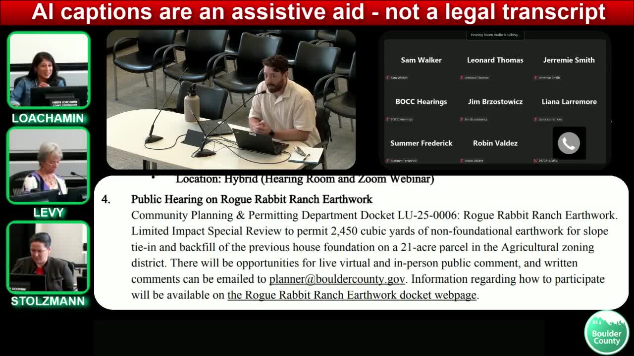 Boulder County approves Rogue Rabbit Ranch earthwork permit after revisions cut non-foundational grading to about 842 cubic yards