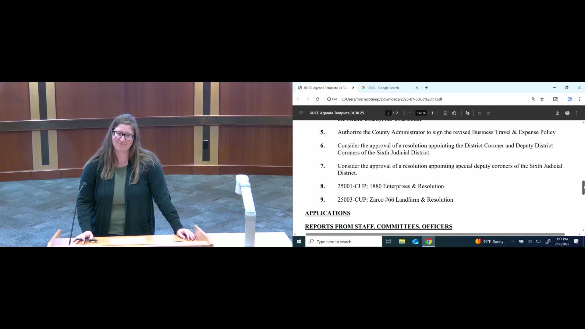 Commission authorizes county administrator to sign revised business travel and expense policy; staff to study efficiencies