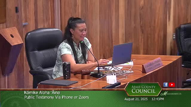 Konelli Williams discusses cultural preserve concerns at Maui committee meeting