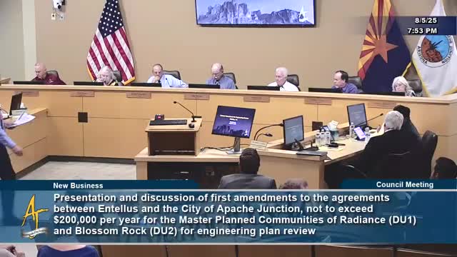 City staff recommends amending Intellus contract for Superstition Vistas engineering review; developers have no objections