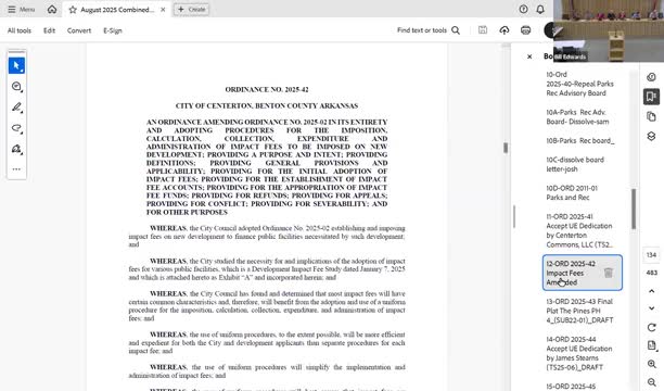 Centerton adopts updated impact-fee ordinance after attorney review; 30-day effective period set