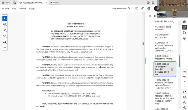 Council approves Pines Phase 4 subdivision, easements and lift station; emergency clause added for operational handoff