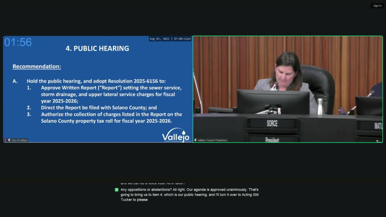 Vallejo district adopts sewer, storm and upper-lateral charges for 2025–26; to collect via Solano County tax roll