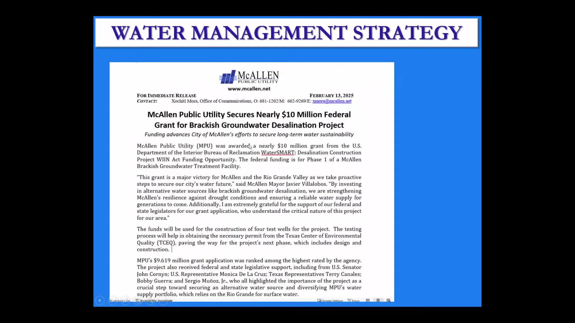McAllen utility reports reservoirs at about 24% and outlines desalination, well plans as city stays in stage 2 restrictions