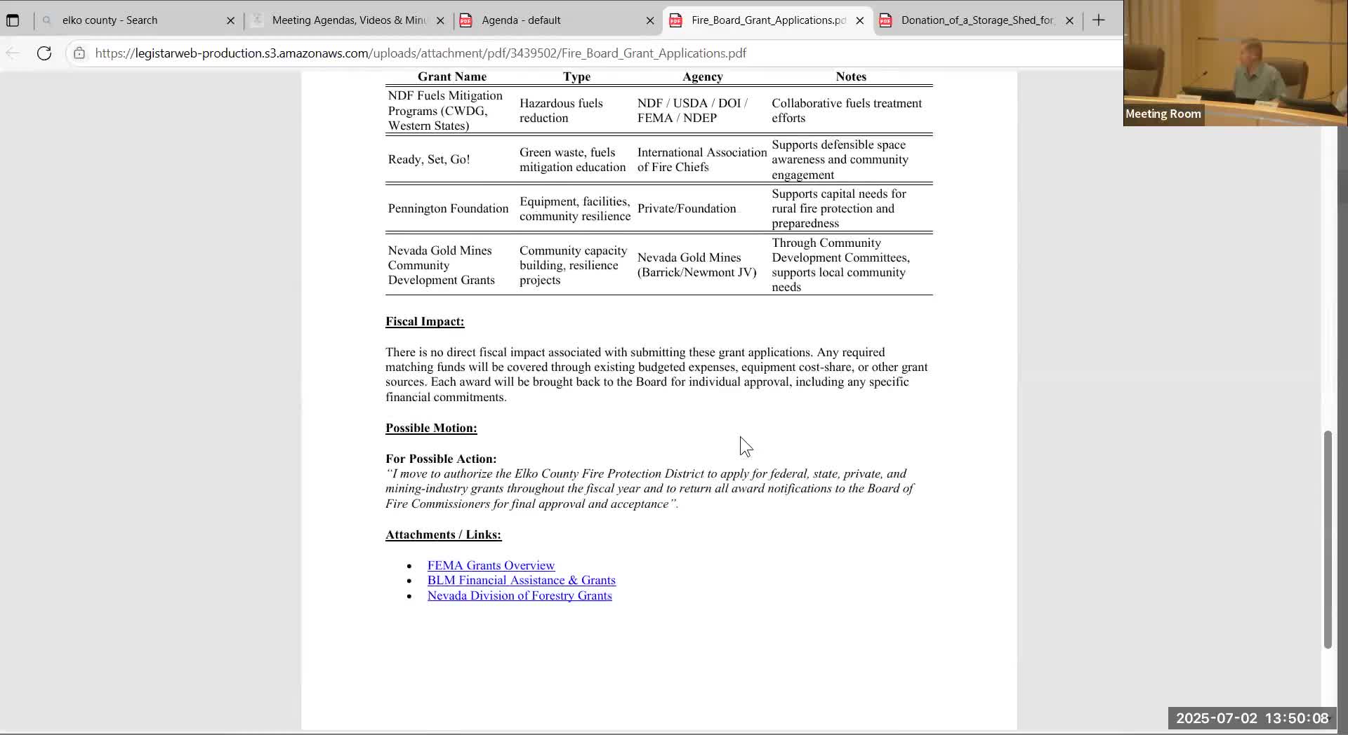 Elko County Fire Board authorizes district to apply for federal, state and industry grants; explains volunteer grant process