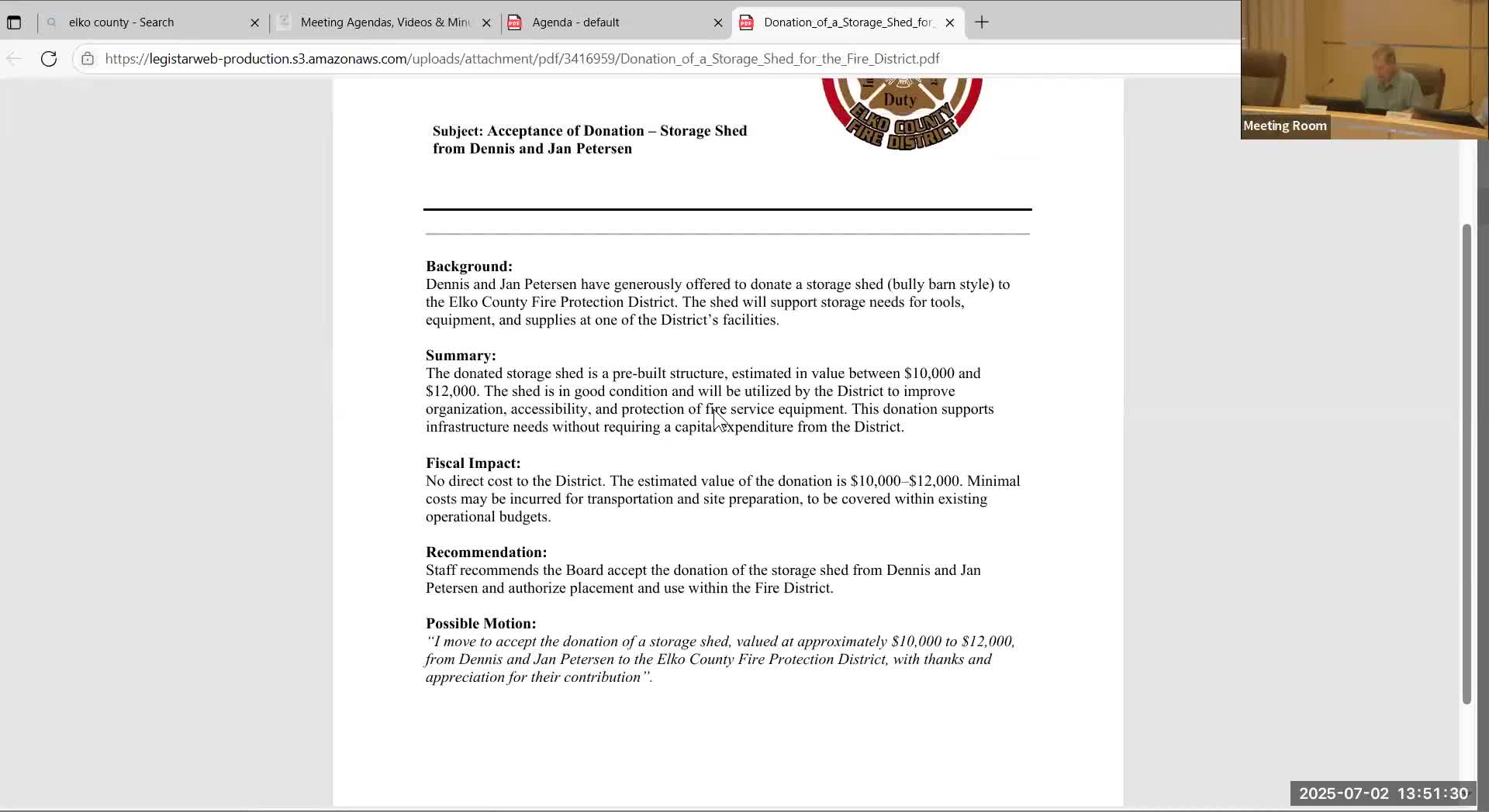 Board accepts donated storage shed from Petersons for Elko County Fire District