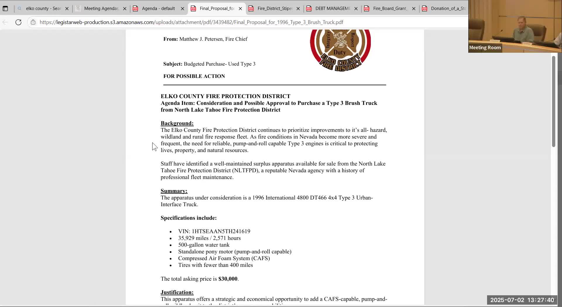 Elko County Fire Board approves $30,000 purchase of 1996 Type 3 brush truck from North Lake Tahoe