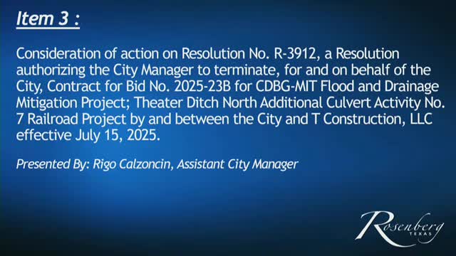 Rosenberg terminates railroad culvert project, agrees to pay contractor $30,812.52