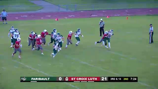 Saint Croix Lutheran Crusaders dominate Faribault Falcons with 28-0 halftime lead