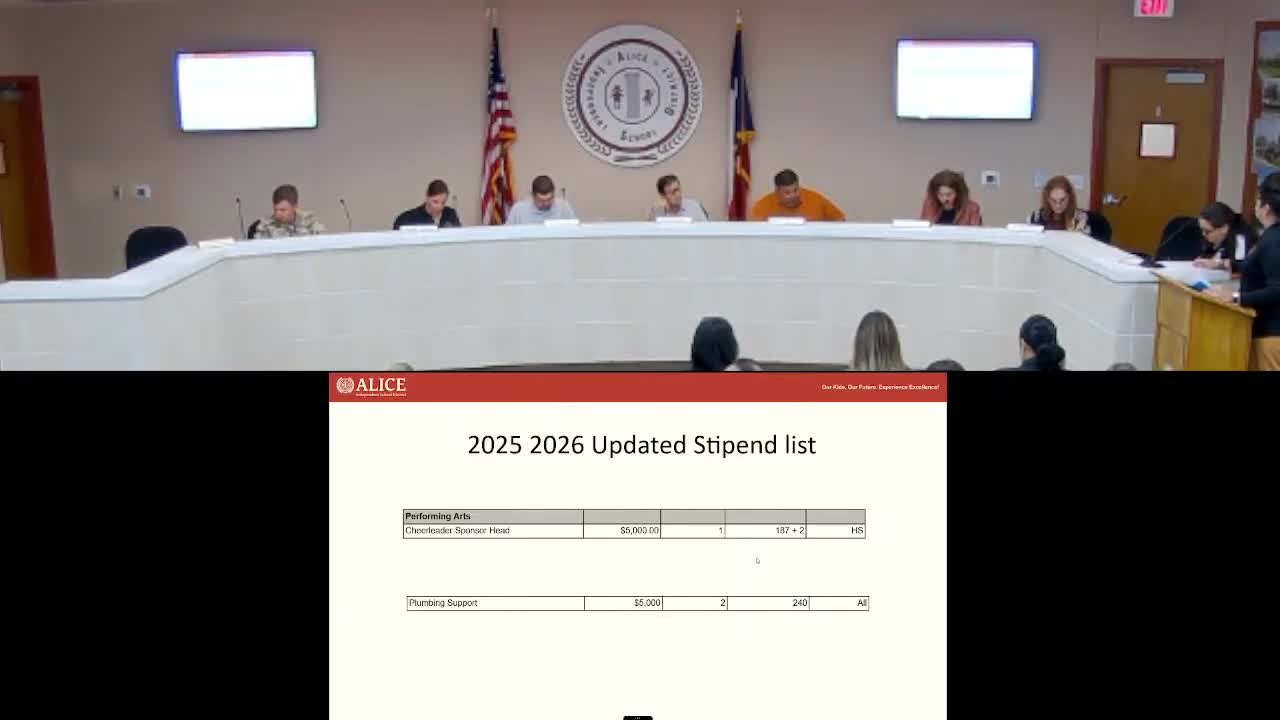 Alice ISD board approves revised 2025–26 stipend list, adds plumbing support stipends