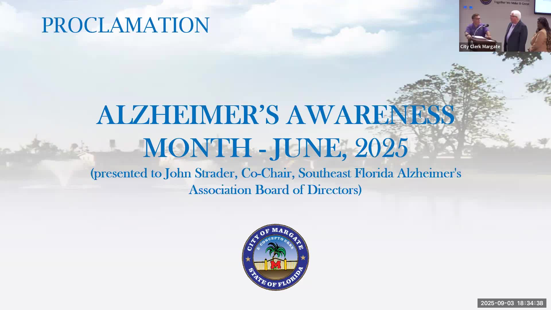Mayor Arlene Schwartz proclaims June 2025 as Alzheimer's Awareness Month in Margate