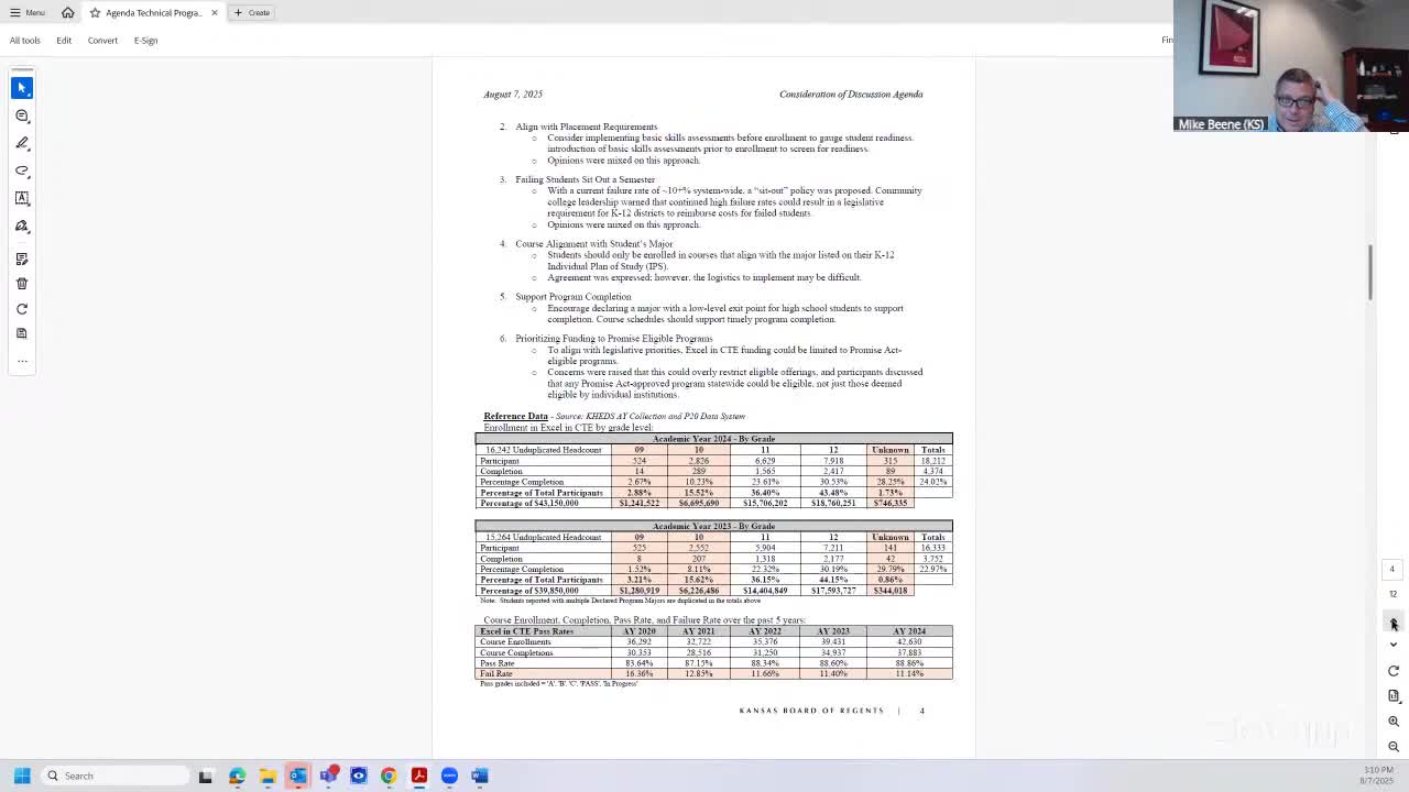 Committee reviews Excel and CTE program; no formal action taken