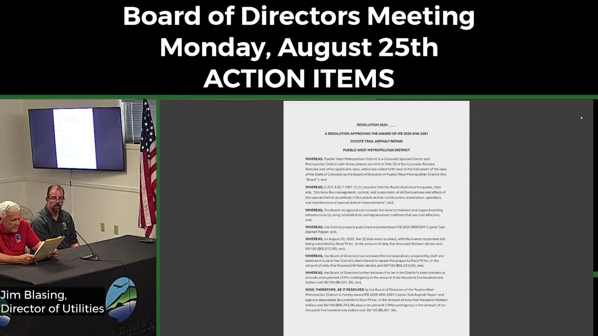 Board awards IFB for Coyote Trail asphalt repair totaling $71,514 with contingency