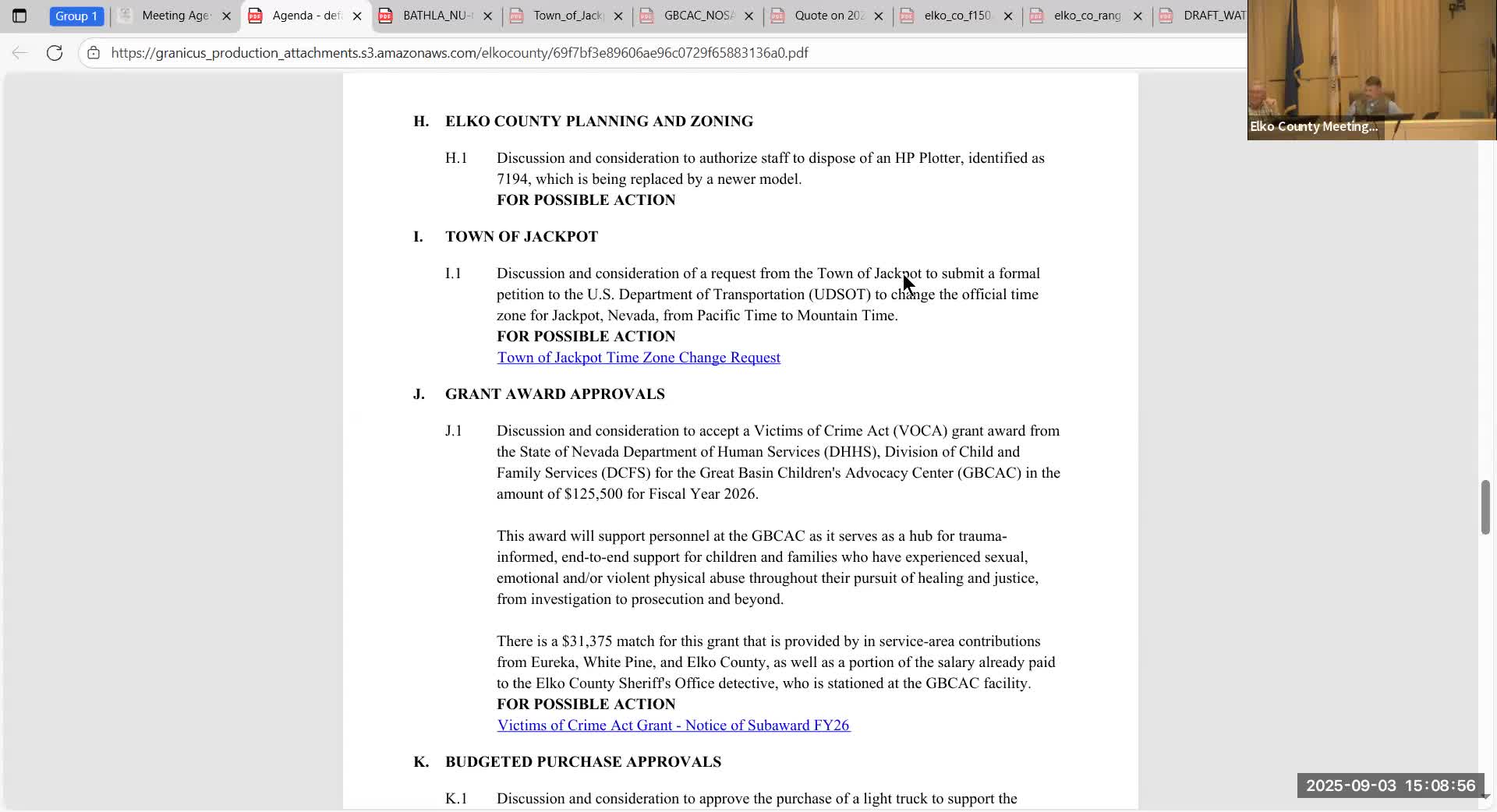 Town of Jackpot petition to US DOT to change official time zone approved for submission; county to consult nearby advisory boards