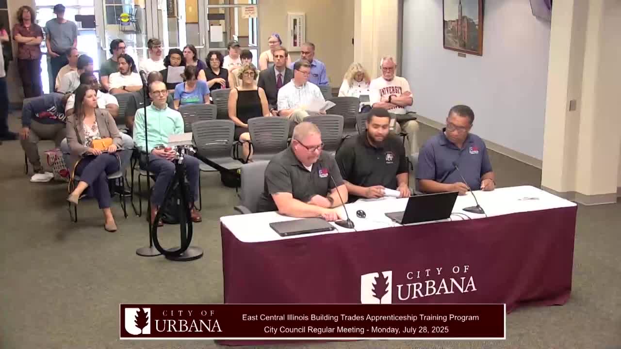 Trade unions present pre‑apprenticeship program to Urbana council, citing stipend, placements and local partnerships