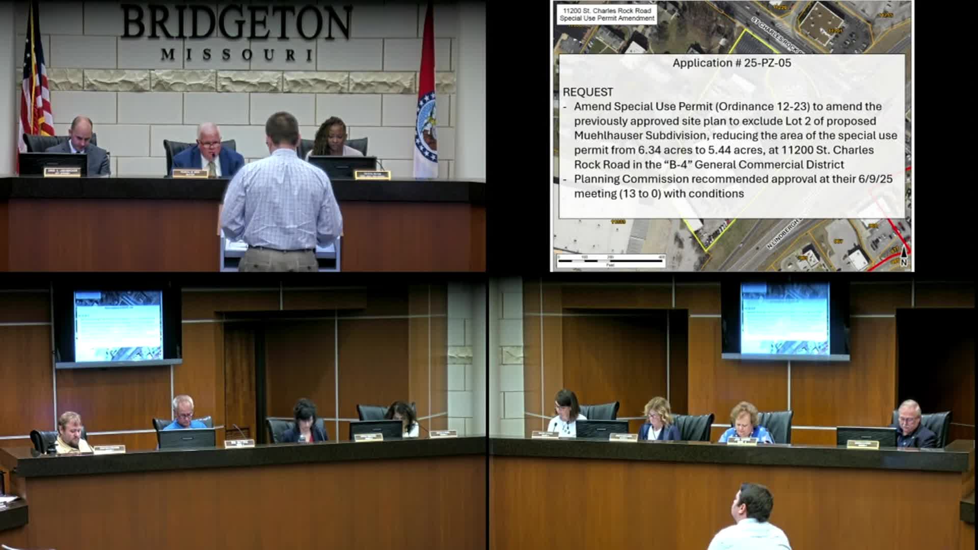 Council hears linked rezoning and special-use amendment for 11200 Saint Charles Rock Road; council tables bills