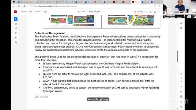 Public arts committee recommends deaccession of damaged Metro artwork; several installations forthcoming