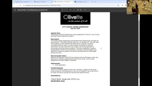 Council authorizes acceptance of county grant for Great Olivette Cleanout event on Oct. 20