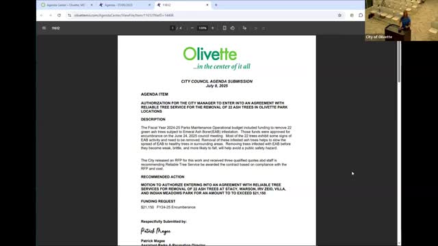 Council authorizes removal of 22 ash trees amid emerald ash borer spread; contract not to exceed $21,150