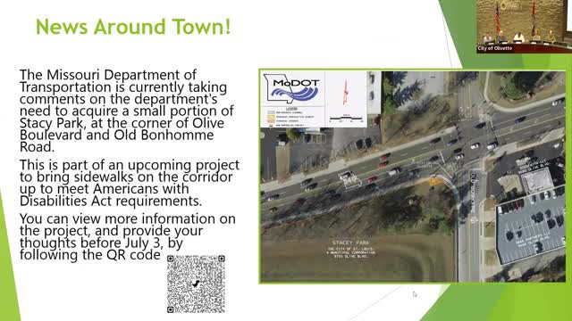 Resident urges Olivette to coordinate with MoDOT on Stacy Park sidewalk plan and clarify lease