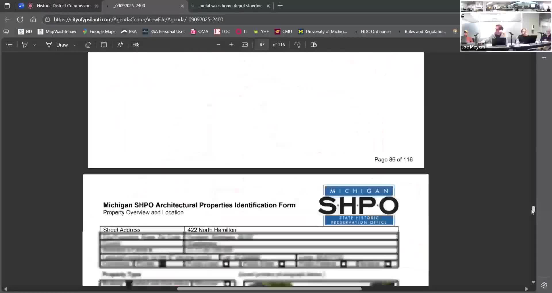 Owner and commissioners discuss reconstruction options after illegal demolition of carriage house at 422 Northampton