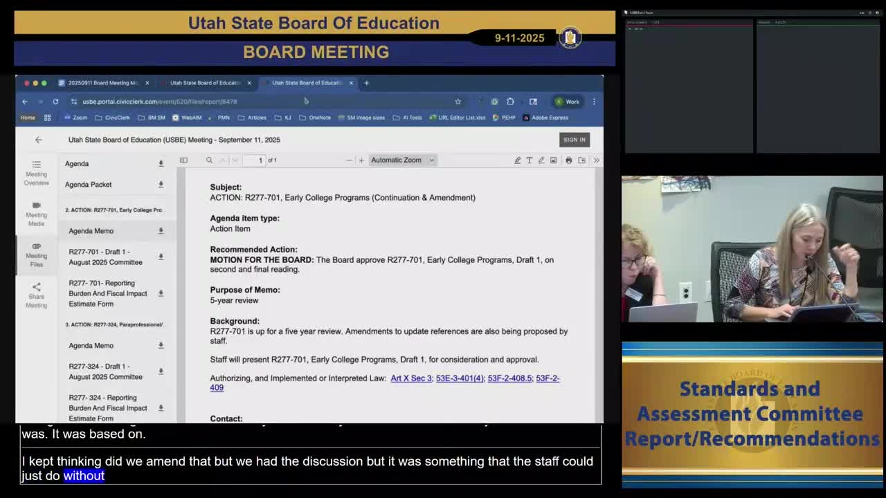 Board adopts updated early college rule R277‑701 on second and final reading, 14‑1