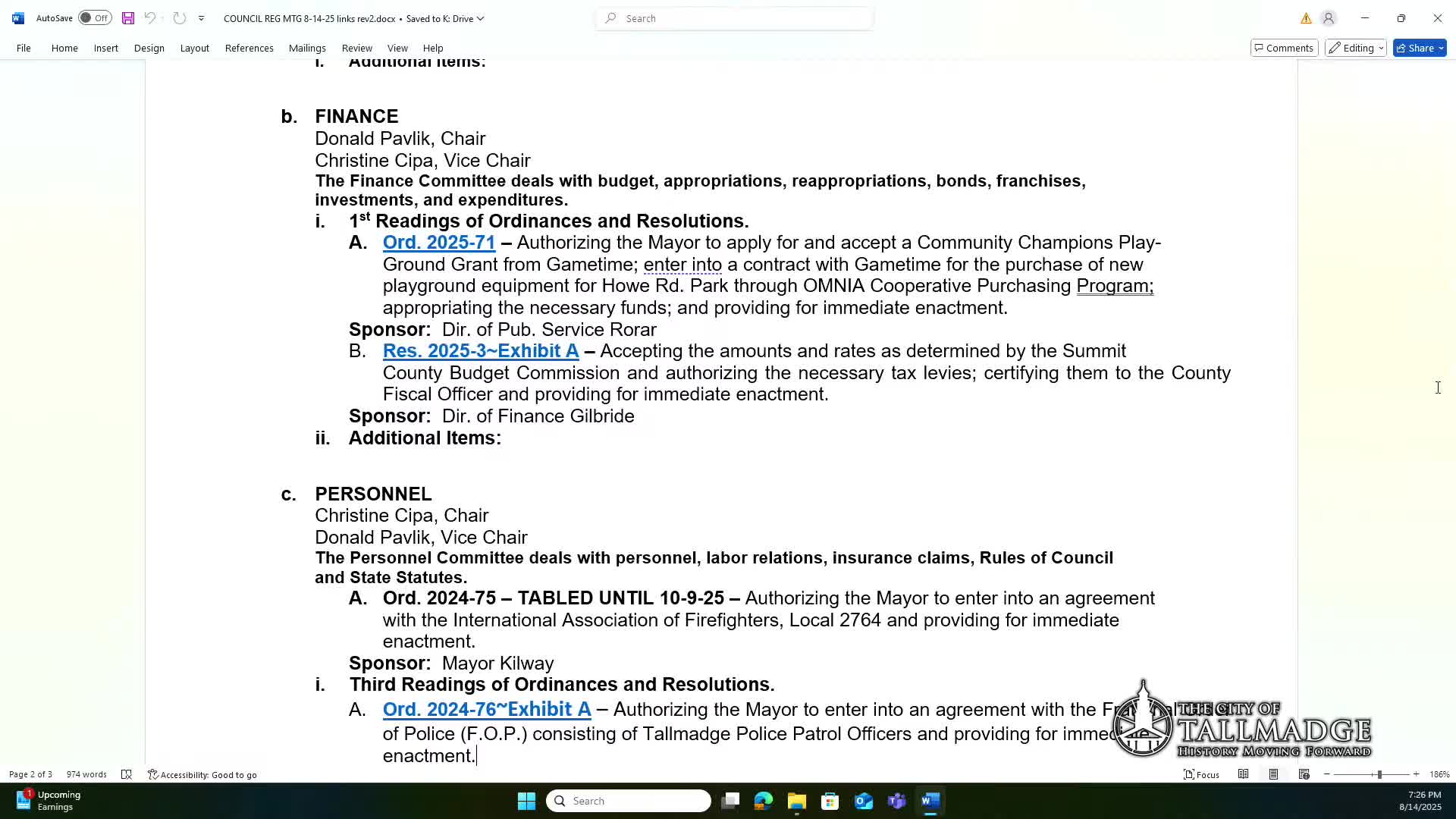 Tallmadge adopts patrol and supervisory FOP contracts unanimously