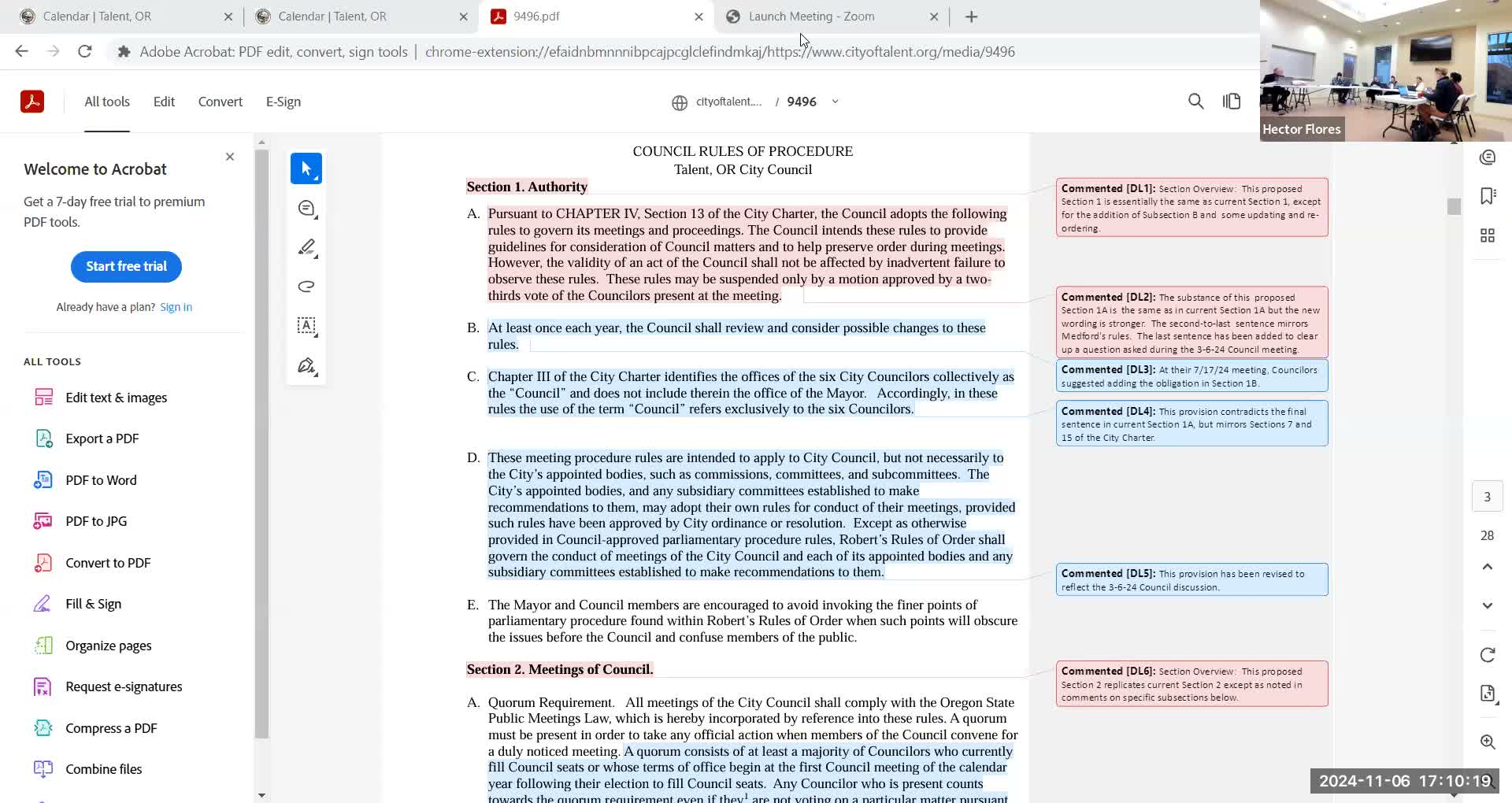 Talent council reviews changes to rules on written comments, suspending rules and presiding officer role