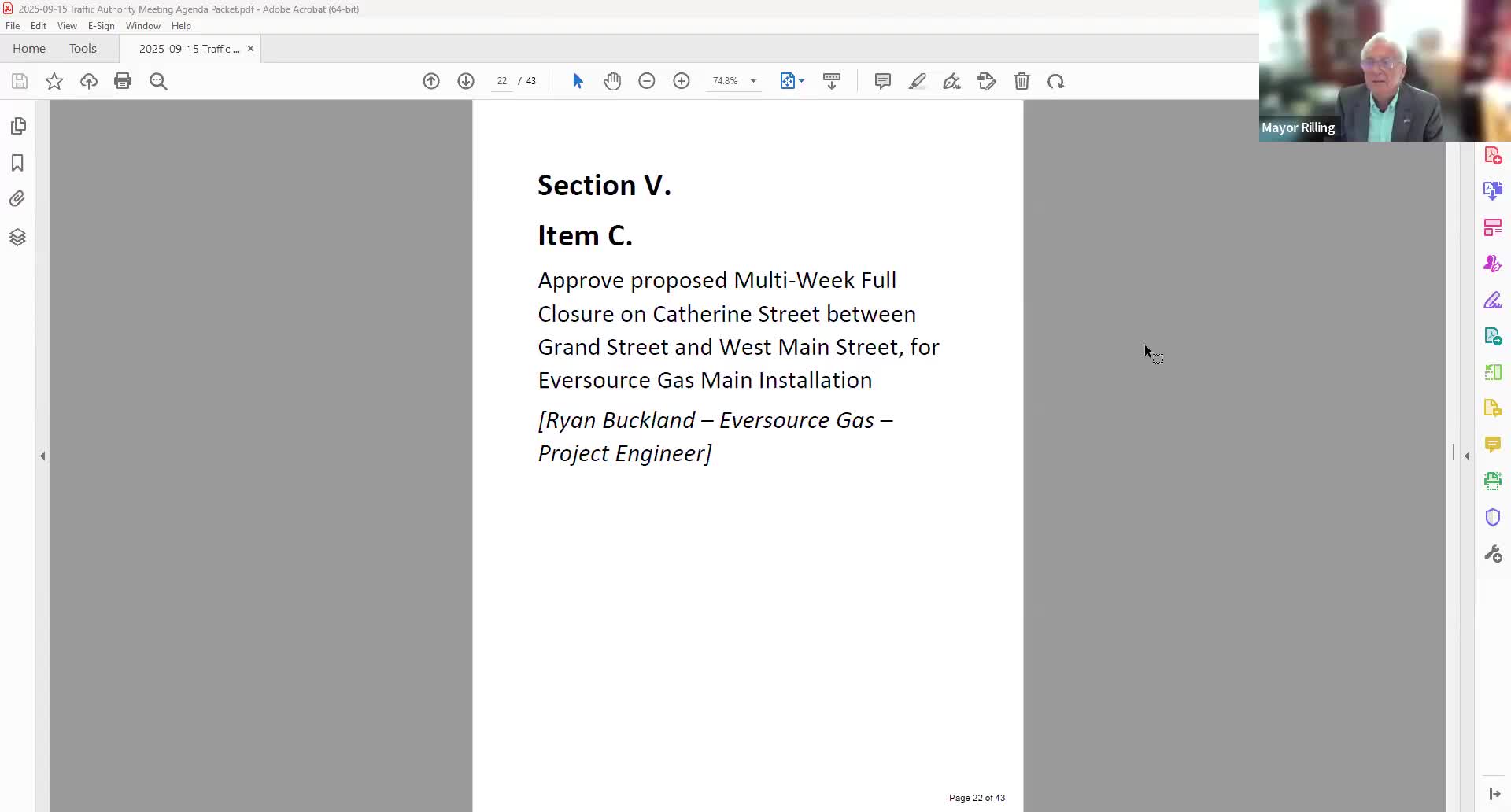 Eversource requests 3–5 week full closure of Catherine Street for gas-main replacement; start date pending railroad permit